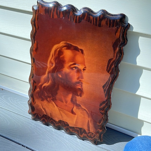 Vintage Head of Christ Lacquered Wood Wall Art 15x22 - Picture 9 of 12
